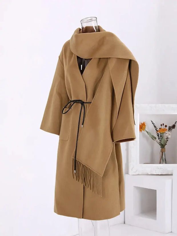 Woollen Long Coat | Women Tassel Scarf Collar Belt Gathered Waist - Memoriex 