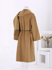 Woollen Long Coat | Women Tassel Scarf Collar Belt Gathered Waist - Memoriex 