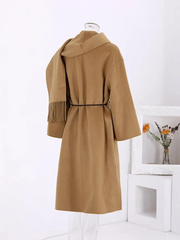 Woollen Long Coat | Women Tassel Scarf Collar Belt Gathered Waist - Memoriex 