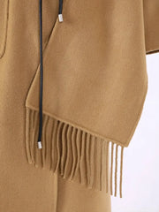 Woollen Long Coat | Women Tassel Scarf Collar Belt Gathered Waist - Memoriex 