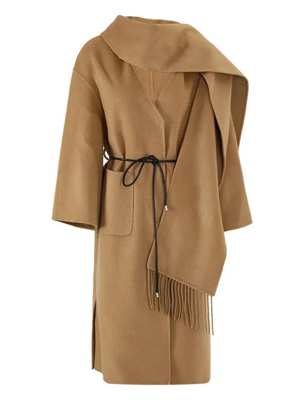 Woollen Long Coat | Women Tassel Scarf Collar Belt Gathered Waist - Memoriex 