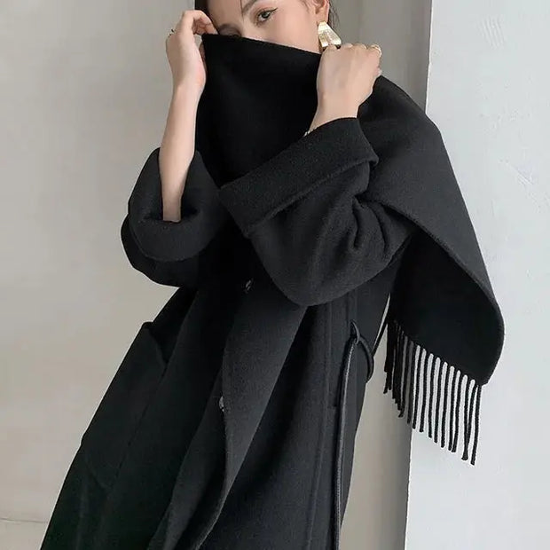 Woollen Long Coat | Women Tassel Scarf Collar Belt Gathered Waist - Memoriex 