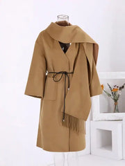 Woollen Long Coat | Women Tassel Scarf Collar Belt Gathered Waist - Memoriex 