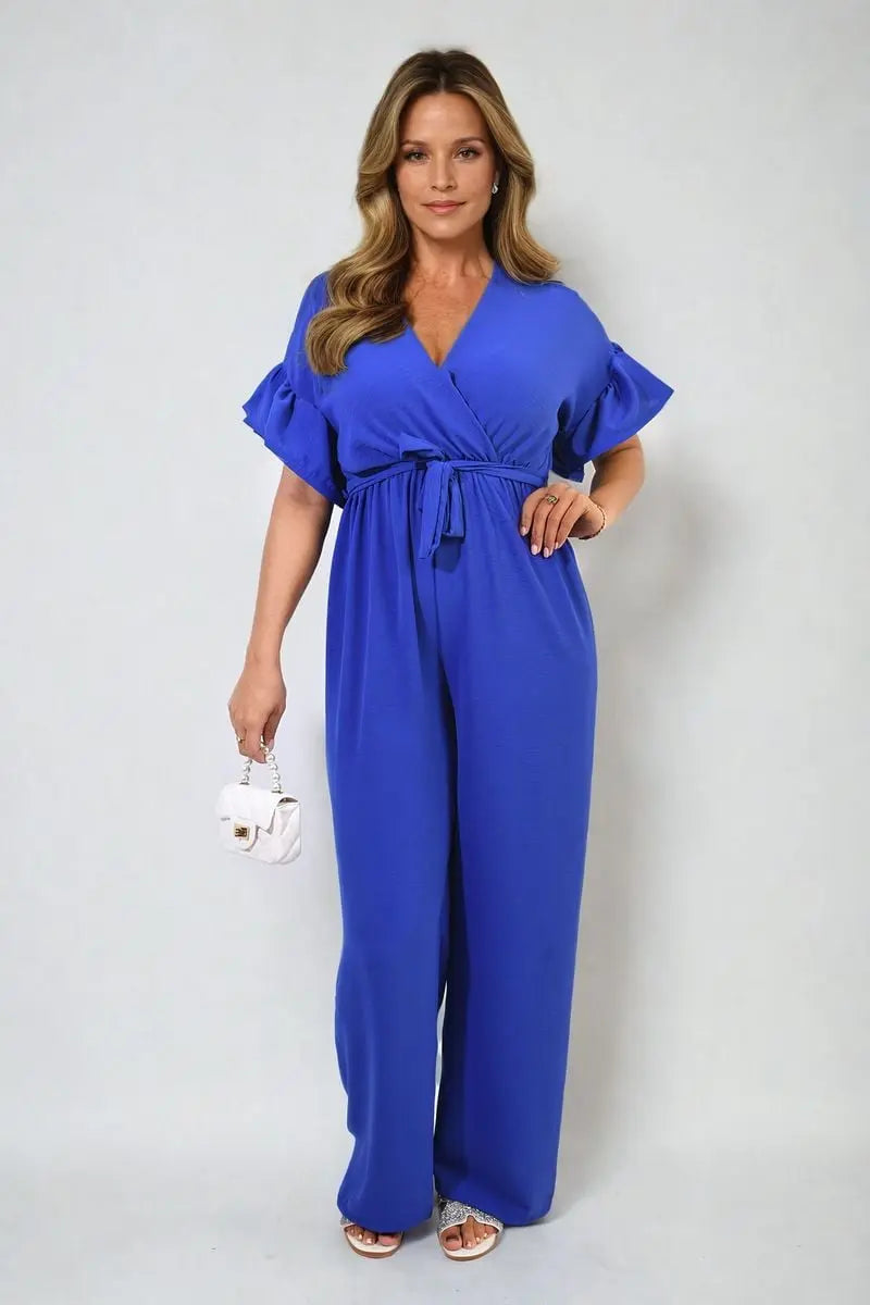 Wrap Over Tie Belt Frill Sleeve Jumpsuit-0