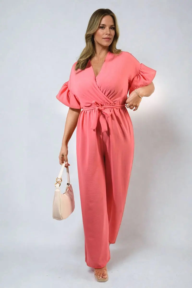 Wrap Over Tie Belt Frill Sleeve Jumpsuit-4