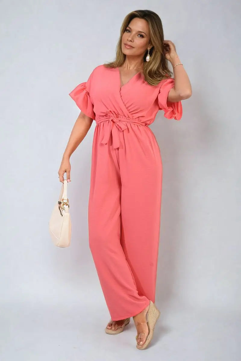 Wrap Over Tie Belt Frill Sleeve Jumpsuit-8