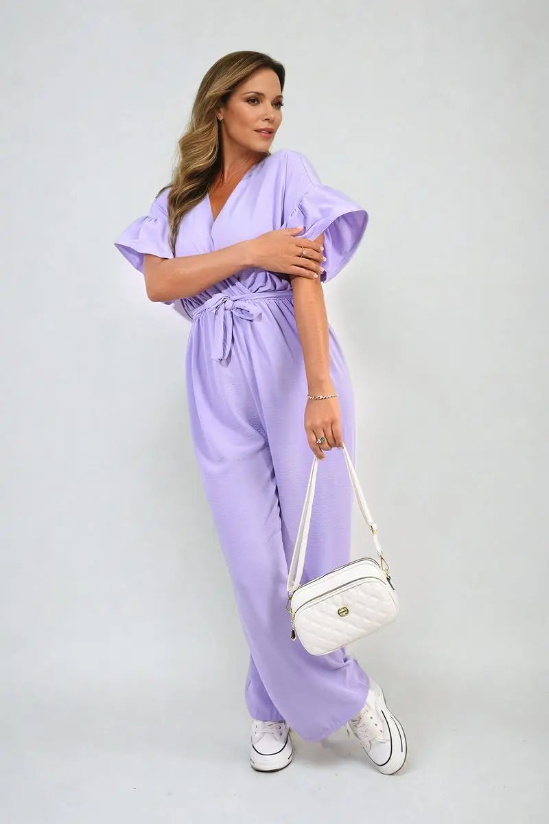 Wrap Over Tie Belt Frill Sleeve Jumpsuit-10