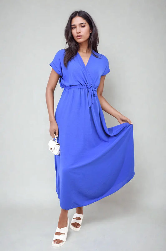 Wrap Tie Waist Short Sleeve Midi Dress - Memoriex 