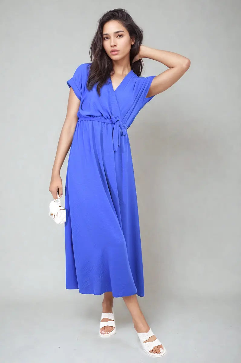 Wrap Tie Waist Short Sleeve Midi Dress - Memoriex 