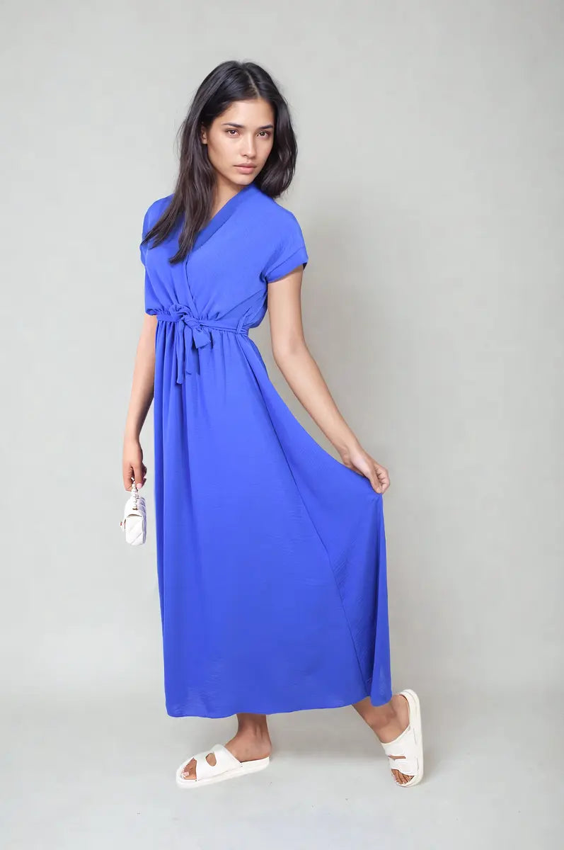 Wrap Tie Waist Short Sleeve Midi Dress - Memoriex 