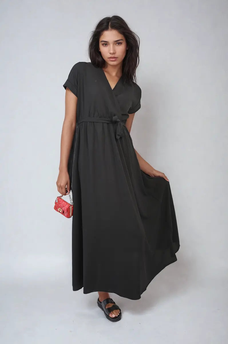 Wrap Tie Waist Short Sleeve Midi Dress - Memoriex 