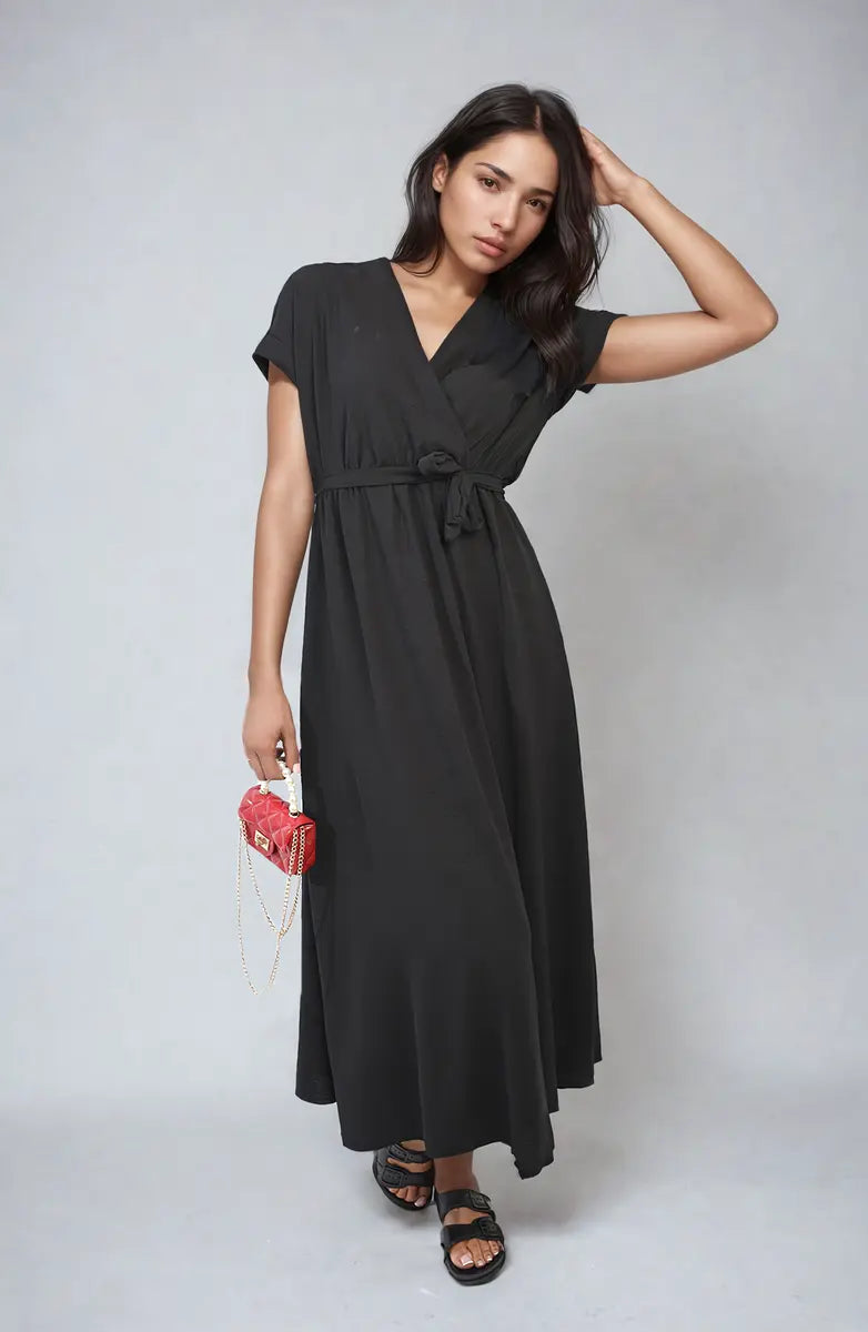 Wrap Tie Waist Short Sleeve Midi Dress - Memoriex 