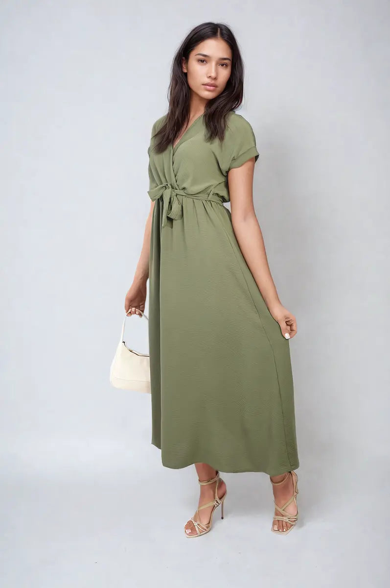 Wrap Tie Waist Short Sleeve Midi Dress - Memoriex 