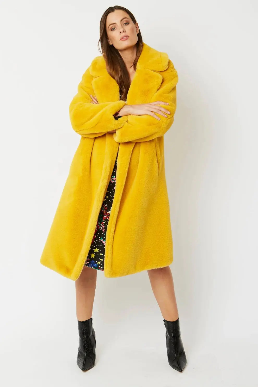 Yellow Faux Fur Midi Shaved Shearling Coat-0