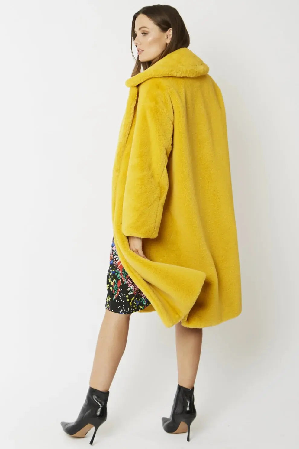 Yellow Faux Fur Midi Shaved Shearling Coat-2