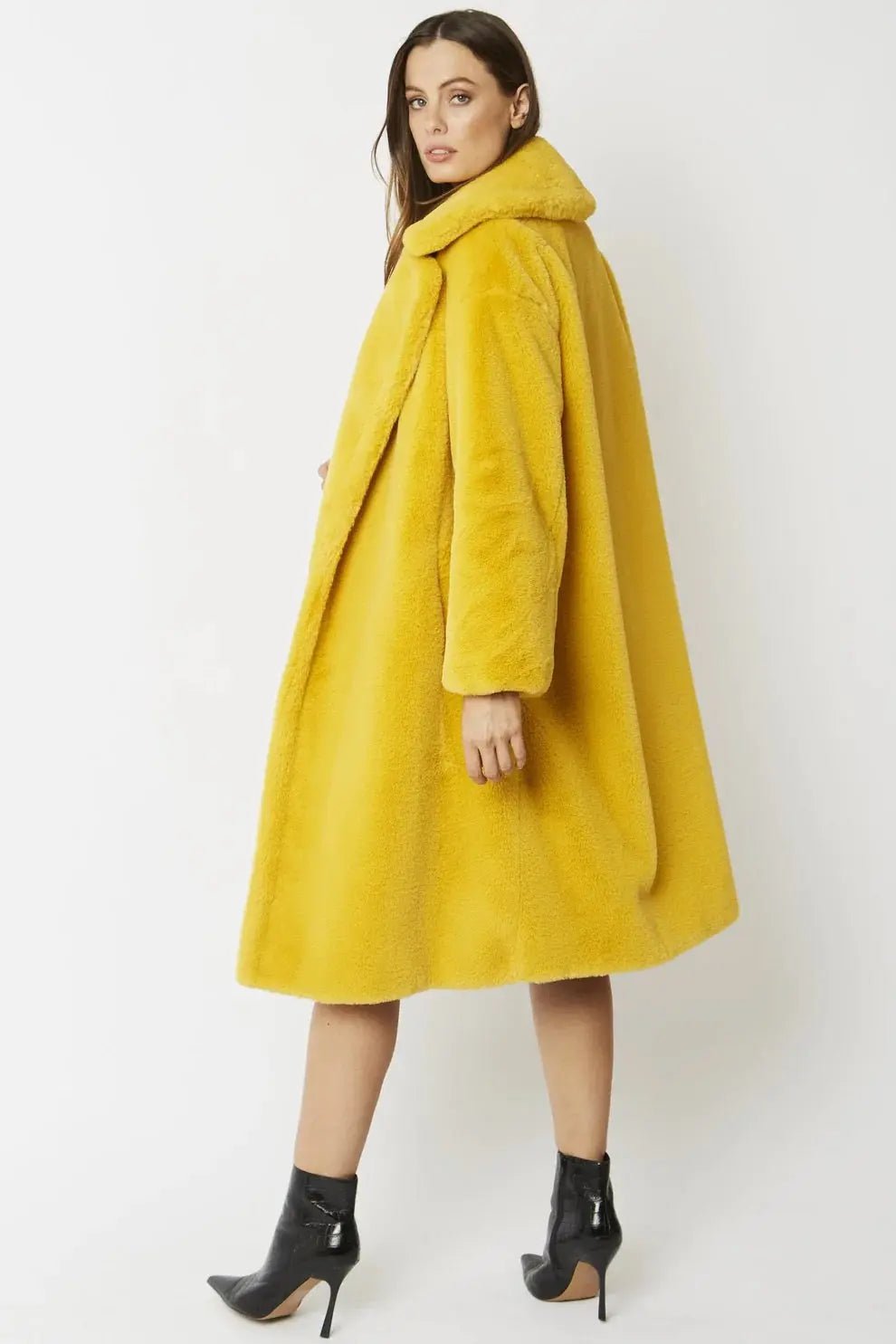 Yellow Faux Fur Midi Shaved Shearling Coat-3