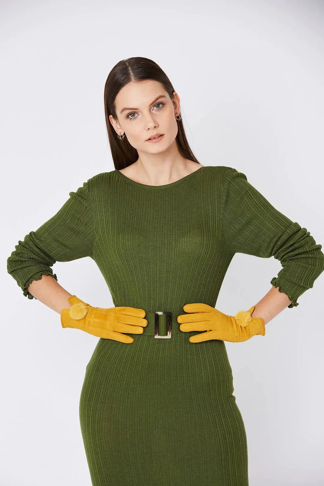 Yellow Faux Suede Gloves With Faux Fur Pom - Memoriex 