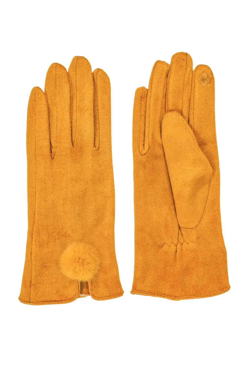 Yellow Faux Suede Gloves With Faux Fur Pom - Memoriex 