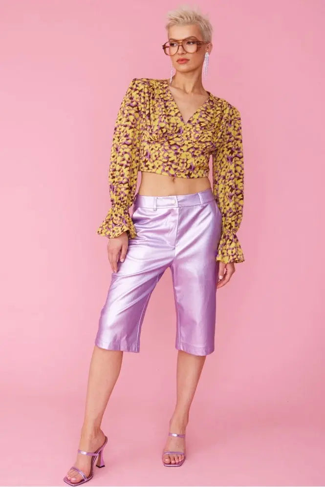 Yellow Purple Silk Blend Cropped Blouse-2