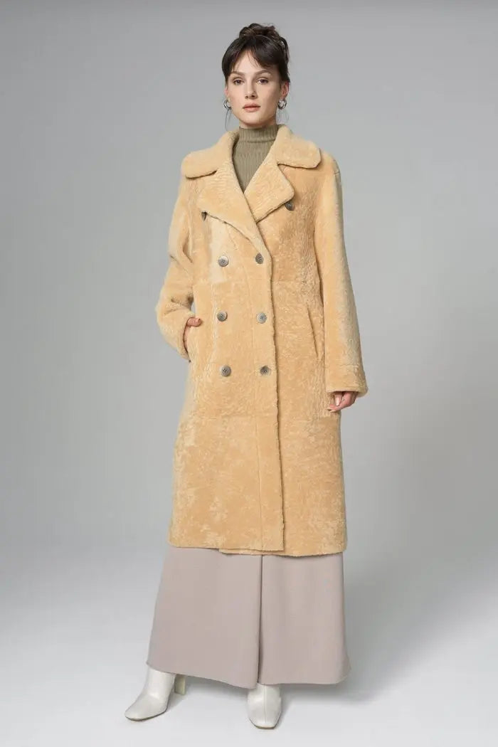 Yellow Reversible Genuine Sheepskin ﻿Maxi Coat-0