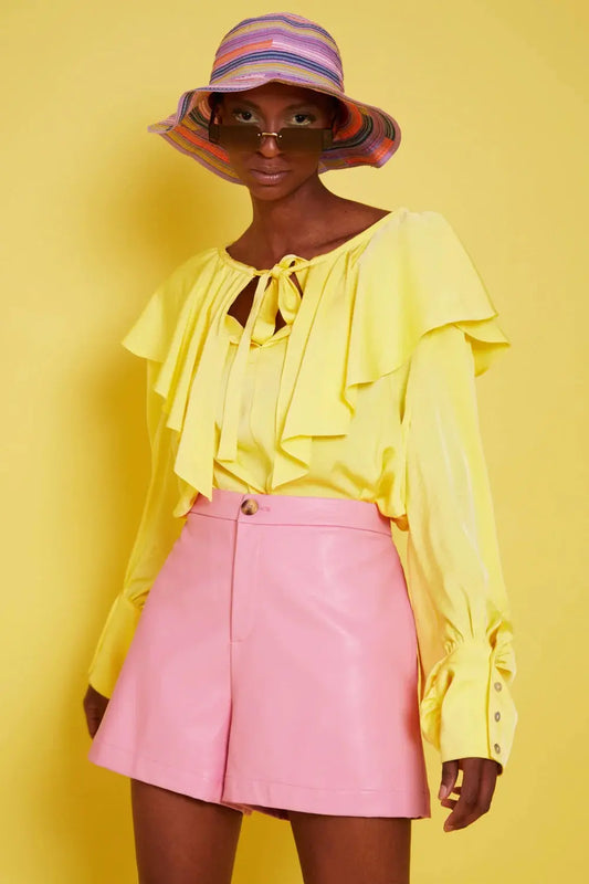 Yellow Silk Blend Ruffle Shirt-0