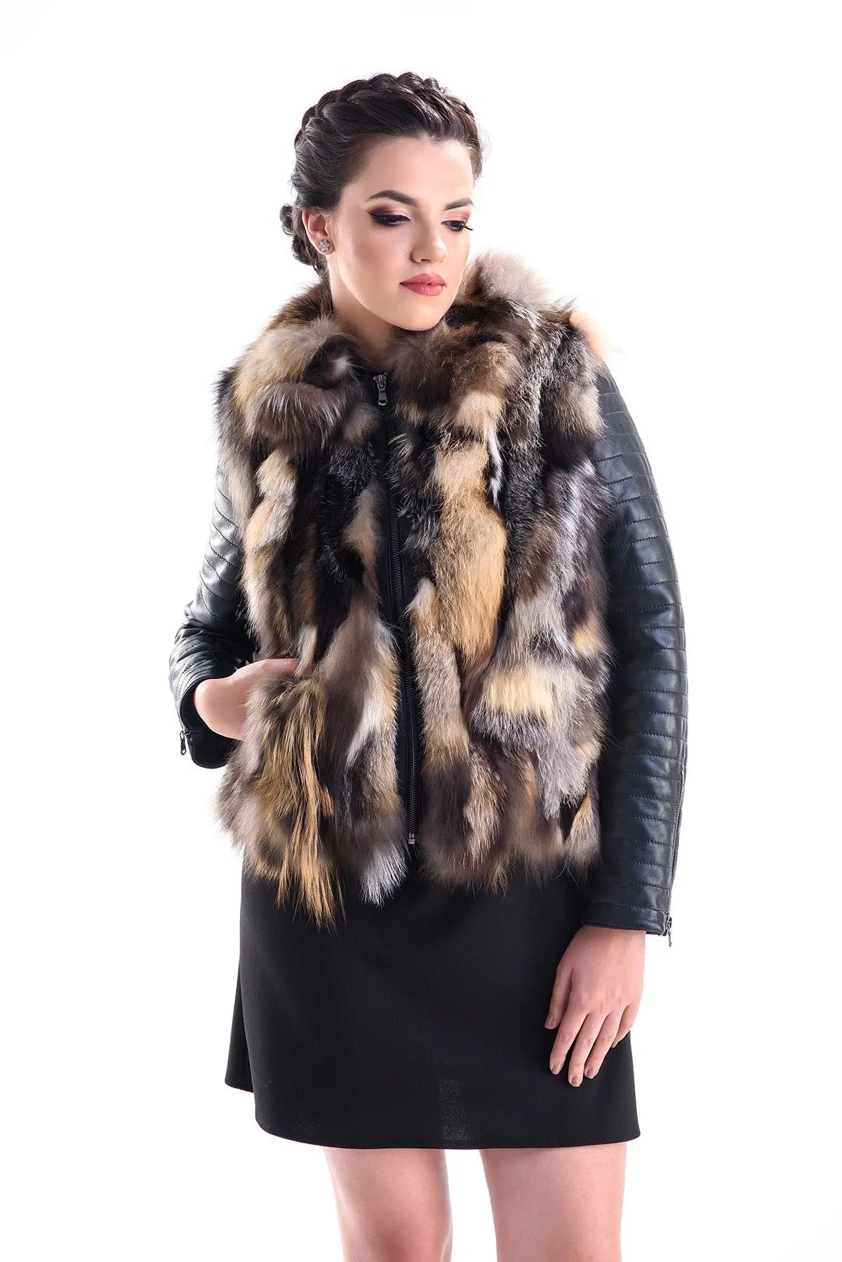 Yellow Silver Genuine Arctic Fox Fur Lamb Nappa Leather Jacket-0