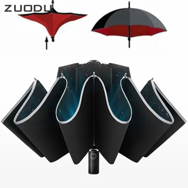 ZUODU Automatic Umbrella Men LED Windproof Reverse Folding Business Umbrella Rain Men Car Automatic Reverse Umbrellas Strong U5B - Memoriex 