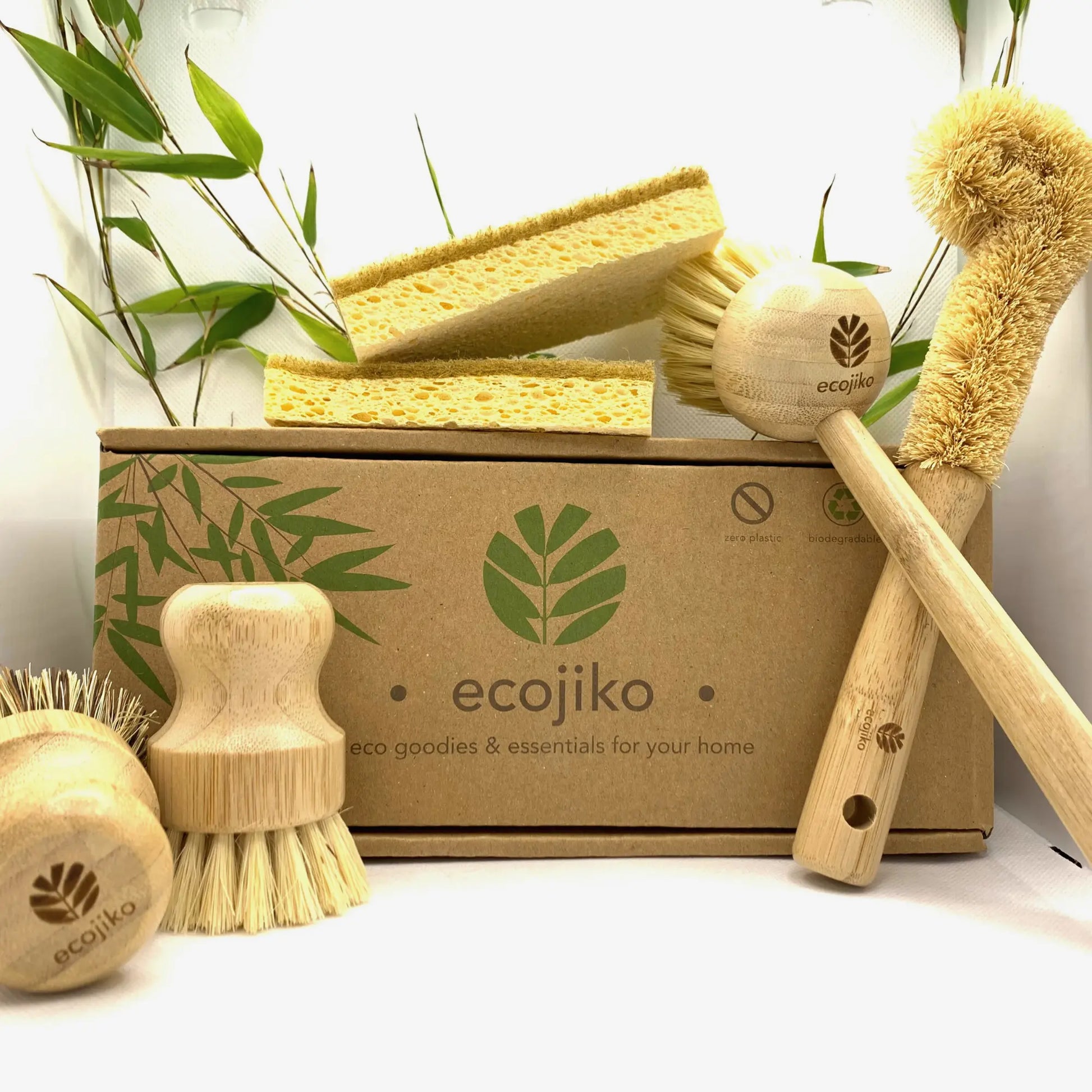 Zero Waste Kitchen Starter Kit | Natural Wooden Bamboo and Plant Based Brushes, Bamboo Dish Cloth and Cellulose Sponge Scourer Dish Brush Gift Set-2