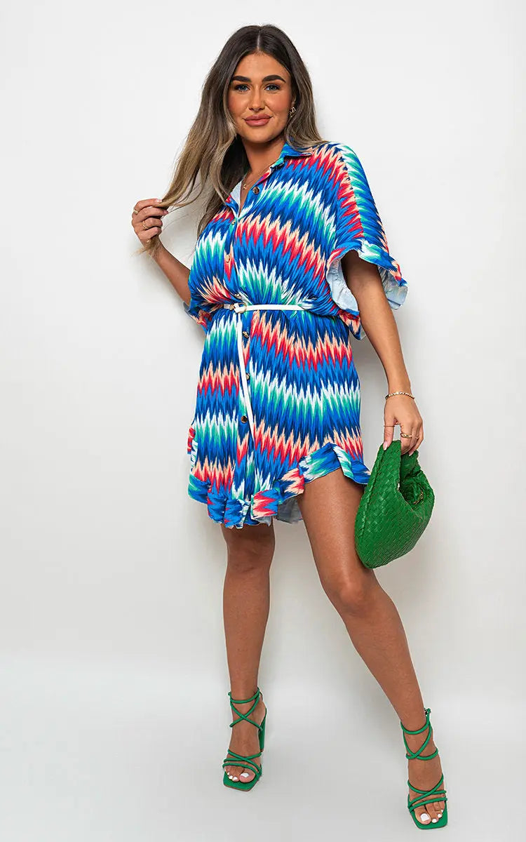 Zigzag Print Pleated Button Up Shirt Dress - Memoriex 