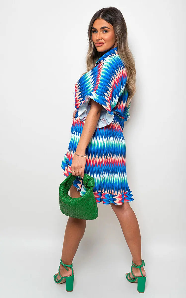 Zigzag Print Pleated Button Up Shirt Dress - Memoriex 