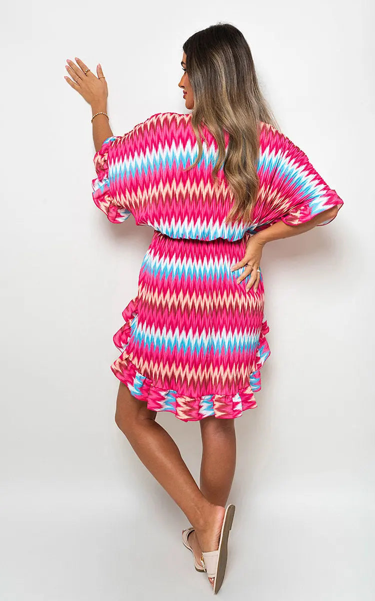 Zigzag Print Pleated Button Up Shirt Dress - Memoriex 