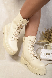 Zip Lace Up Chunky Biker Boots with Decor Details - Memoriex 