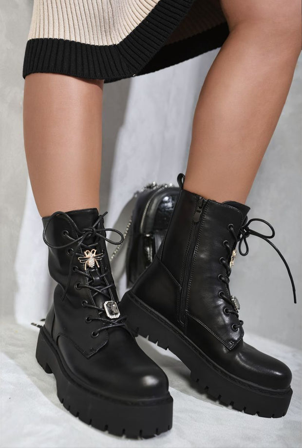 Zip Lace Up Chunky Biker Boots with Decor Details - Memoriex 