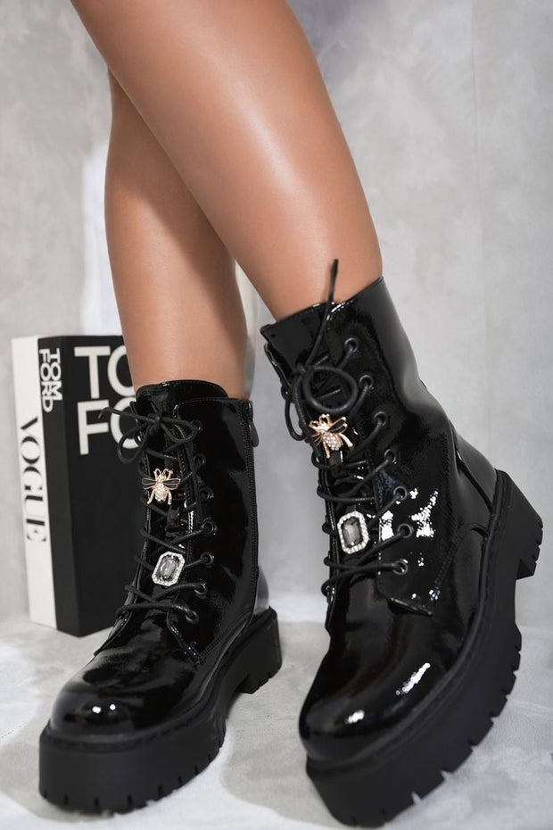 Zip Lace Up Chunky Biker Boots with Decor Details - Memoriex 