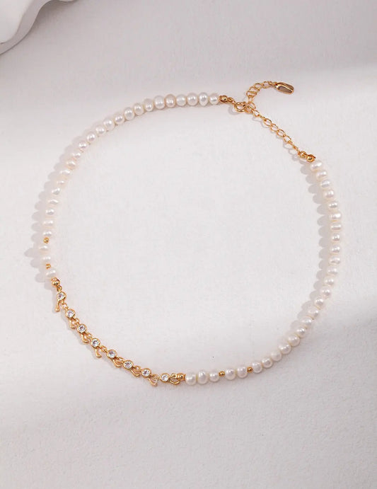 Zircon Chain Splice Natural Pearl Necklace-0