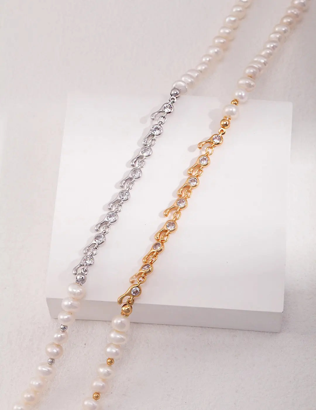 Zircon Chain Splice Natural Pearl Necklace - Memoriex