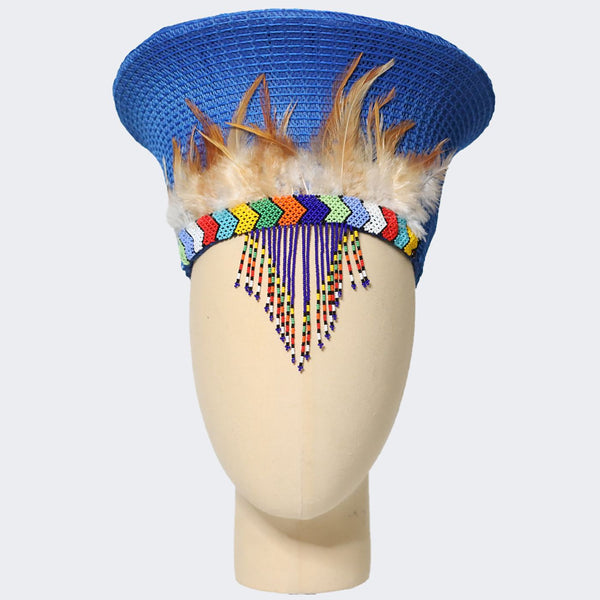 Zulu Narrow Basket Hat with Beading & Feathers - Blue-0