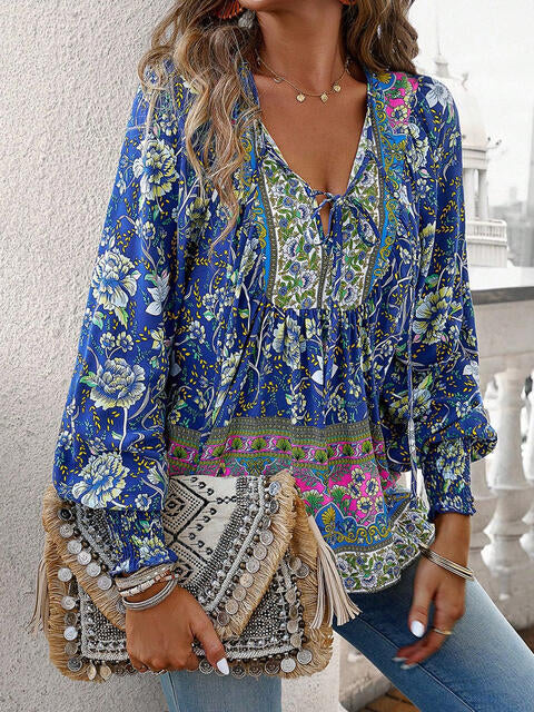 Bohemian Tie Neck Lantern Sleeve Blouse by VYSN-2