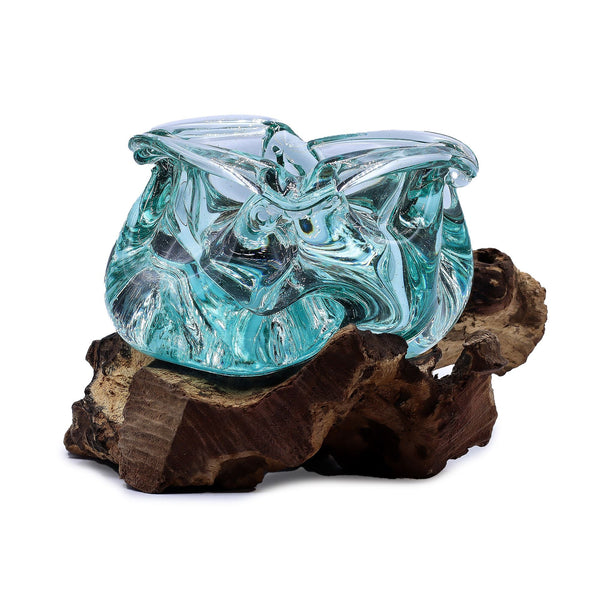 Molten Glass Chunky Ashtray / Candle Holder On Wood 23cm-0