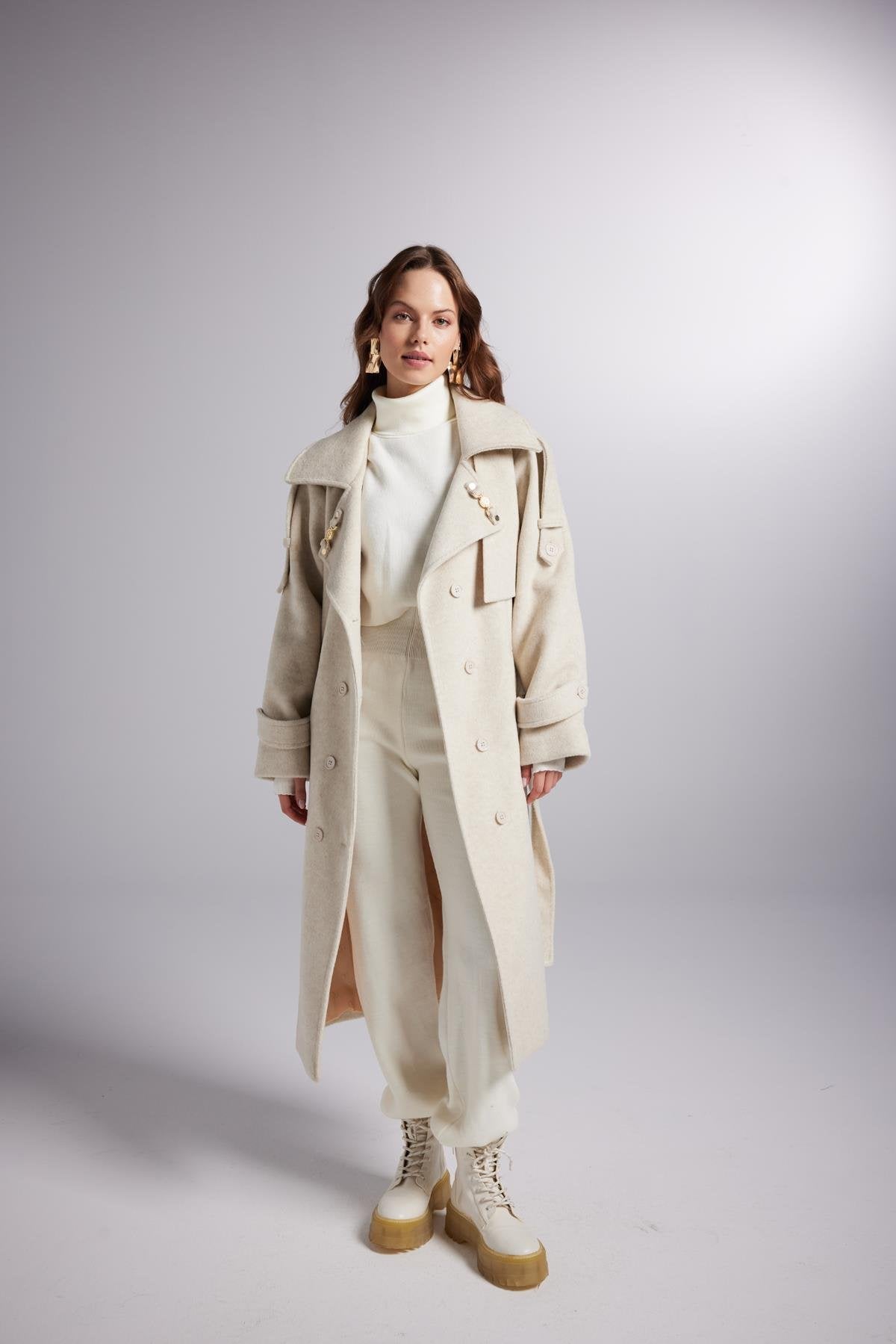 Accessorized Wool Blended Cashmere Maxi Woody Ecru Coat-1