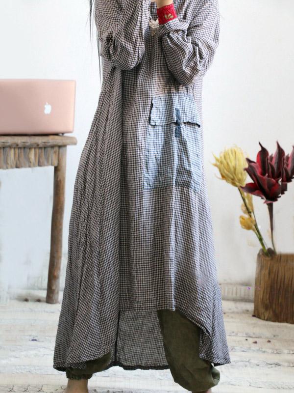 Loose Vintage Linen Plaid Round-neck Long Dress by migunica-4