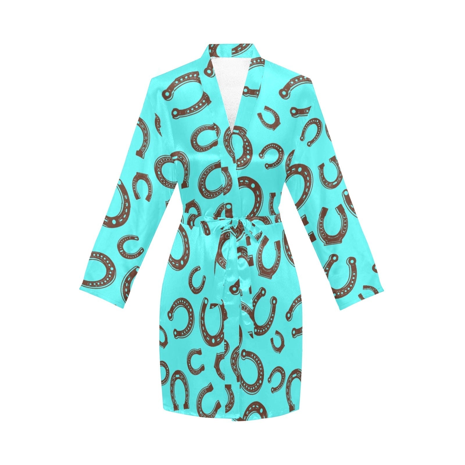 Turquoise Horseshoe Women's Long Sleeve Belted Satin Feel Dressing Lounge Robe by Baha Ranch Western Wear-2