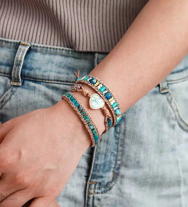 Blue Heart Opal Leather  Bracelet-3