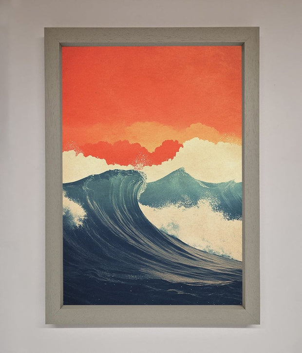 Blue Waves Crash Red Sunset Framed Poster-3