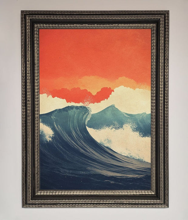 Blue Waves Crash Red Sunset Framed Poster-17
