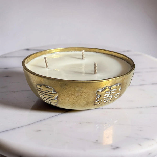 Repurposed Vintage Chinese Brass Bowl Candle - Soft Sandalwood-0