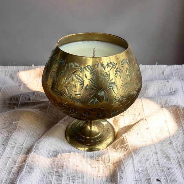 Repurposed Engraved Brass Snifter Candle - Vintage Bookshop-0