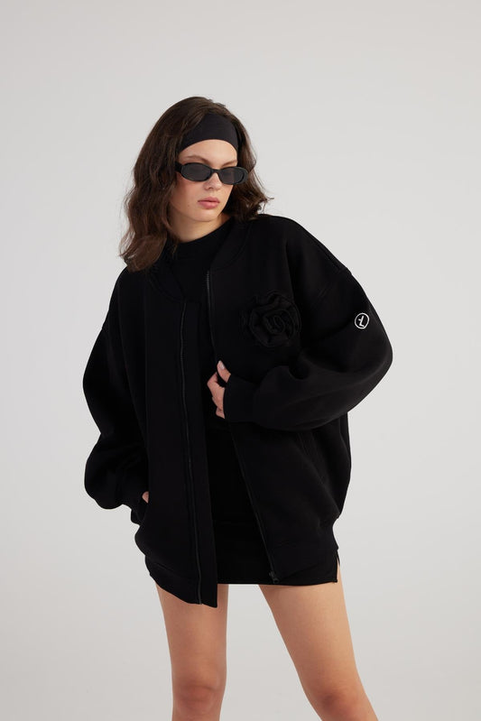 Alexa Black Oversize Bomber Jacket with Removable Rose Accessory - Memoriex 