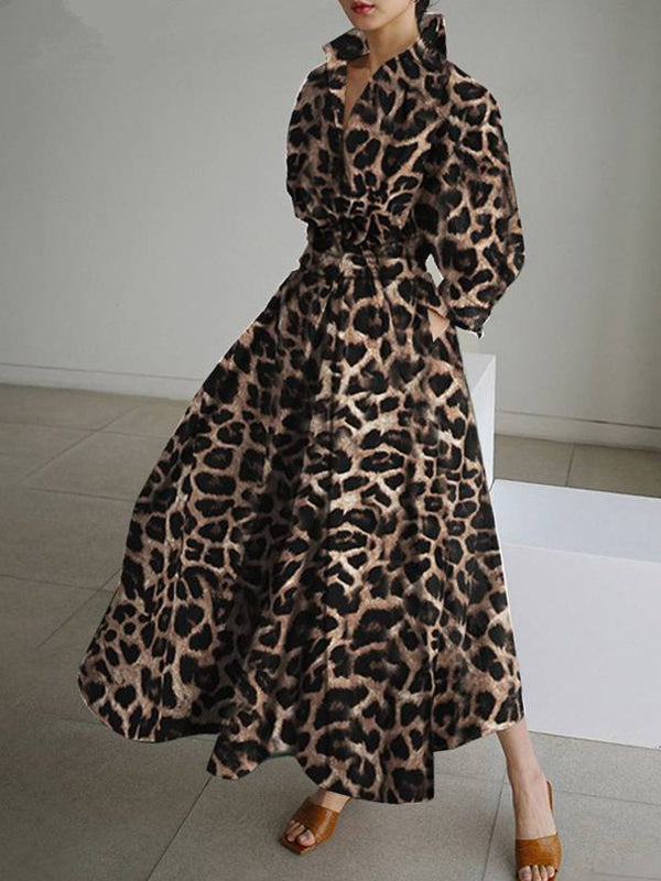 High Waisted Long Sleeves Buttoned Leopard Lapel Maxi Dresses by migunica-2