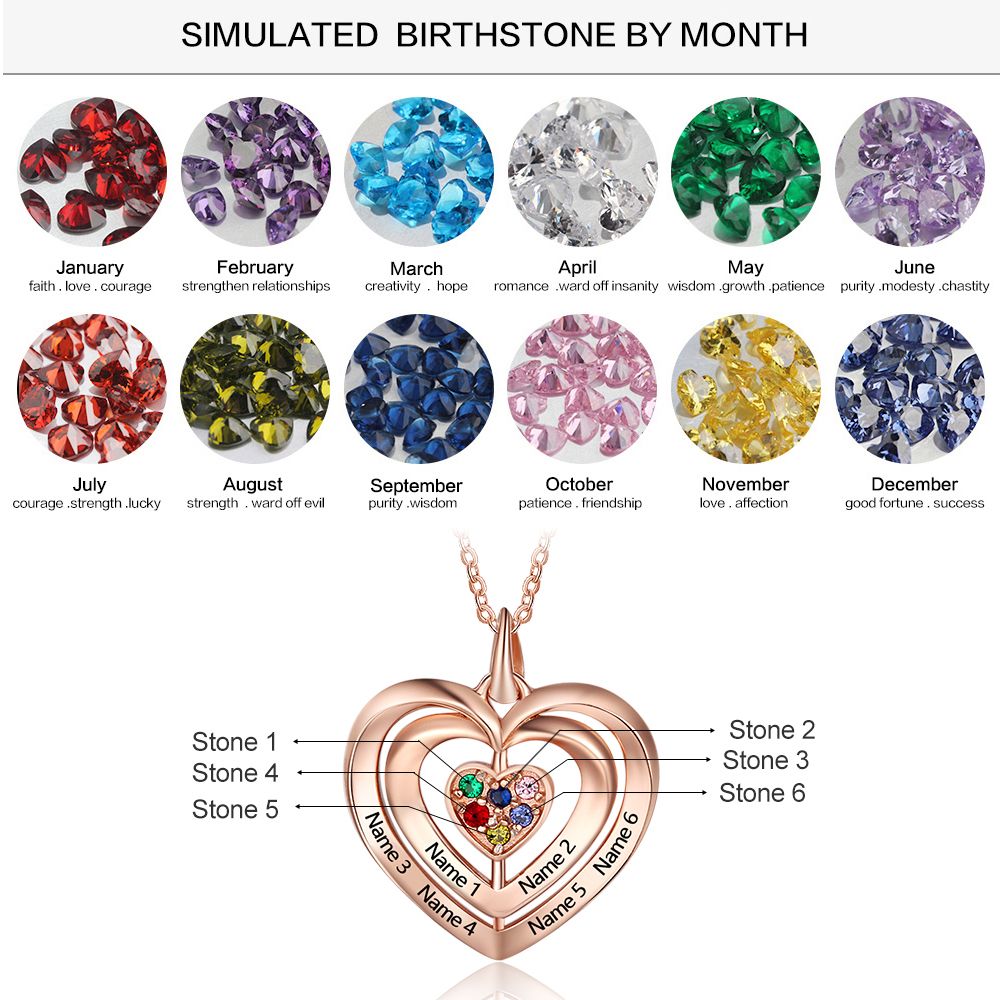 925 Sterling Silver Heart Shape Names Necklaces with Six Colorful Birthstones-6